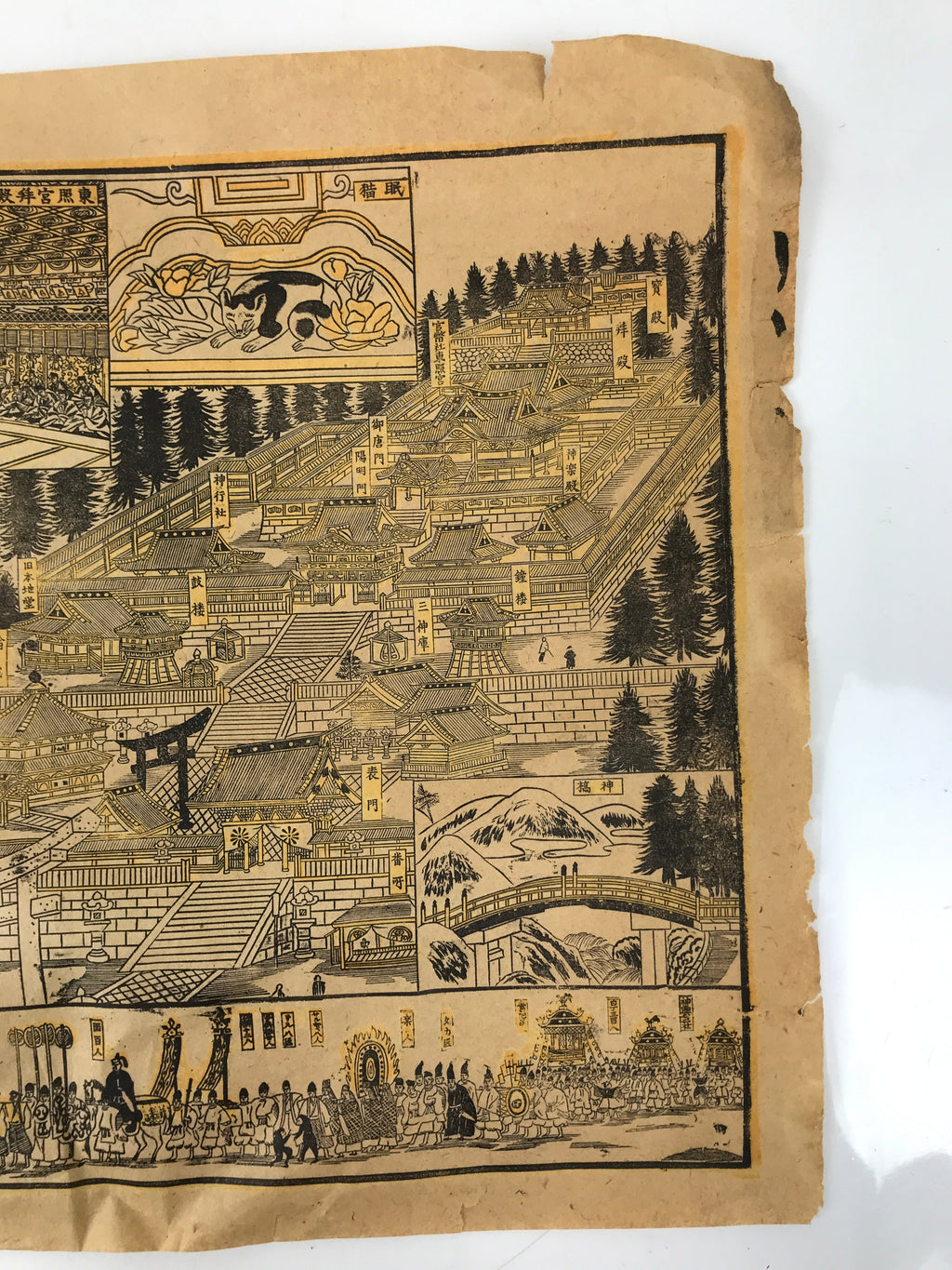 Japanese Bird's-Eye View Map Woodblock Print Nikko-san Shrine Temple 3D FL362