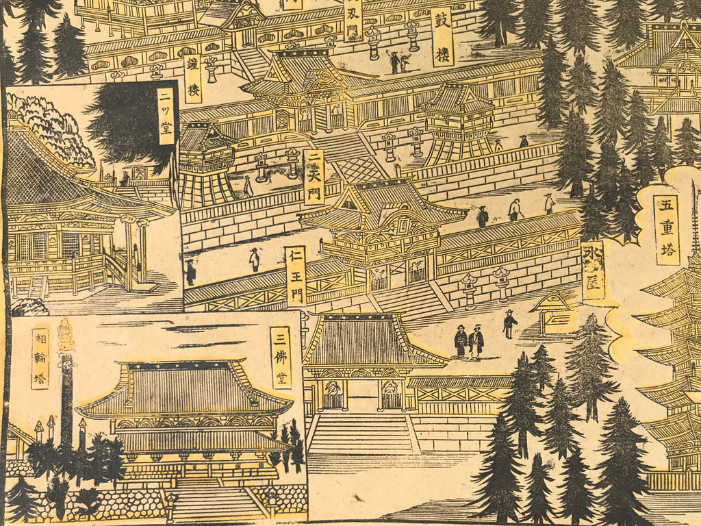 Japanese Bird's-Eye View Map Woodblock Print Nikko-san Shrine Temple 3D FL362
