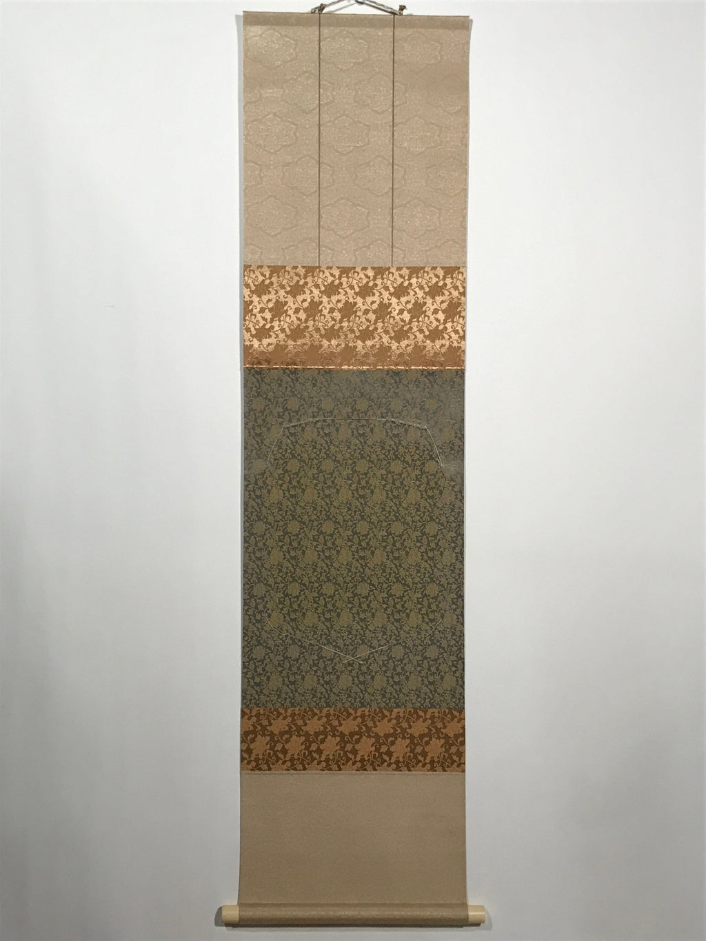 Japanese Blank Hanging Scroll Vtg Thread Holders Floral Green Brown Gold SC880