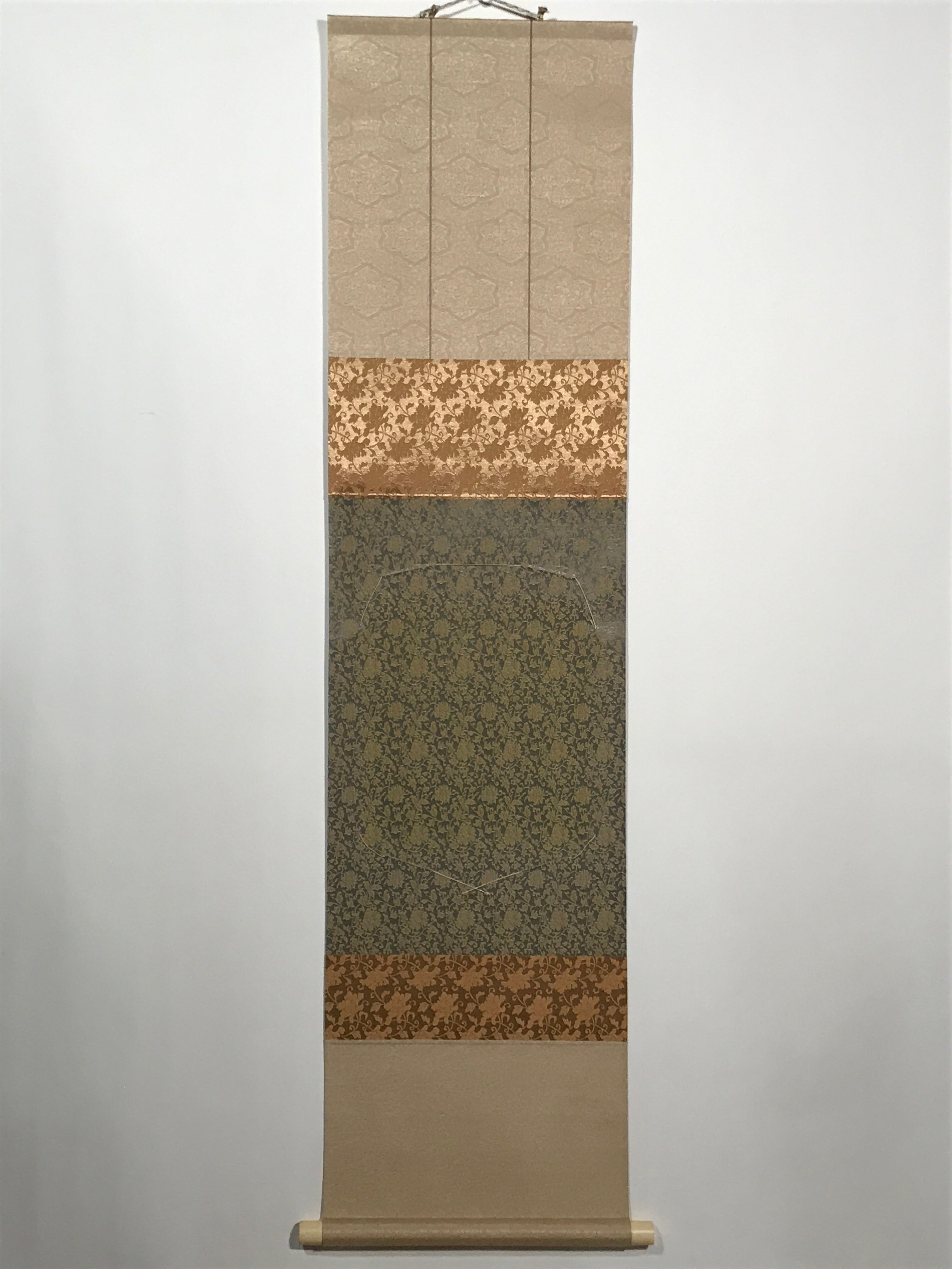 Japanese Blank Hanging Scroll Vtg Thread Holders Floral Green Brown Gold SC880