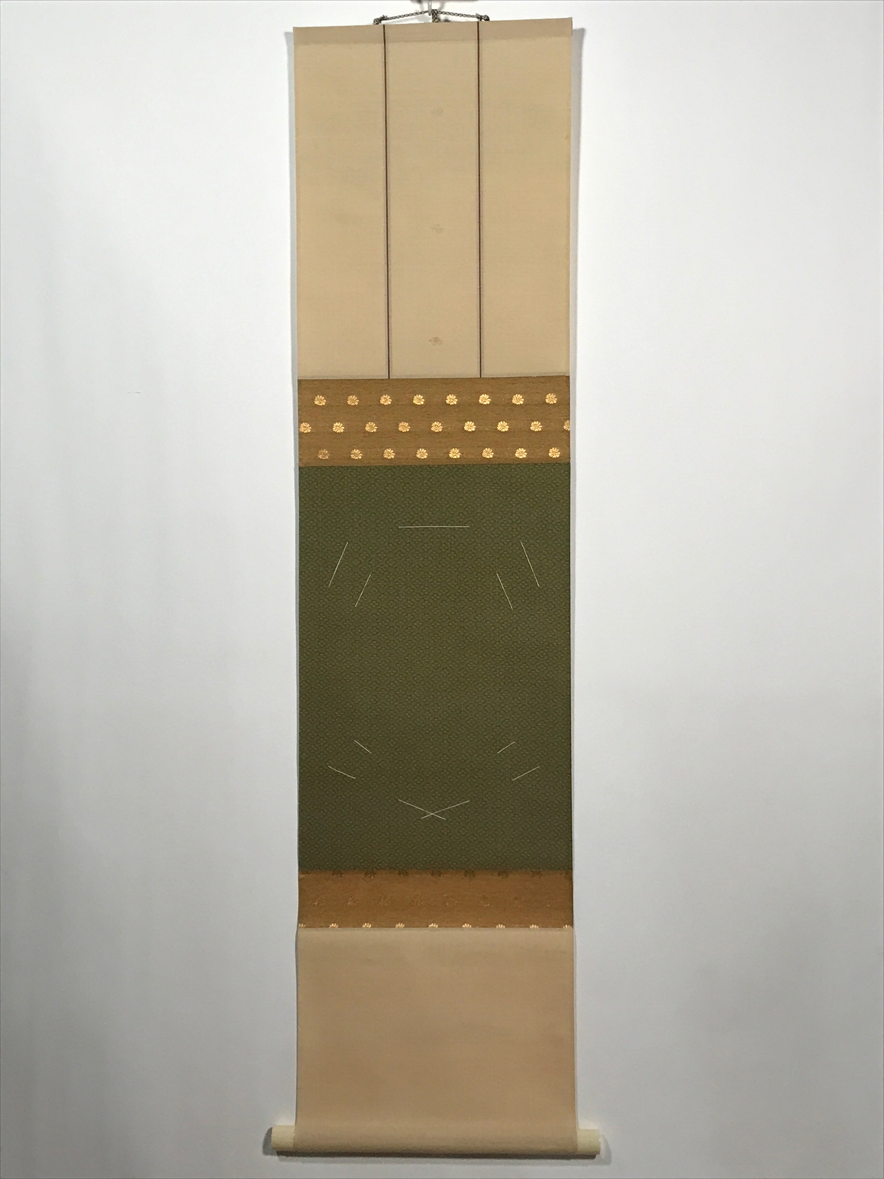 Japanese Blank Hanging Scroll Vtg Thread Holders Green Orange Gold Flowers SC883