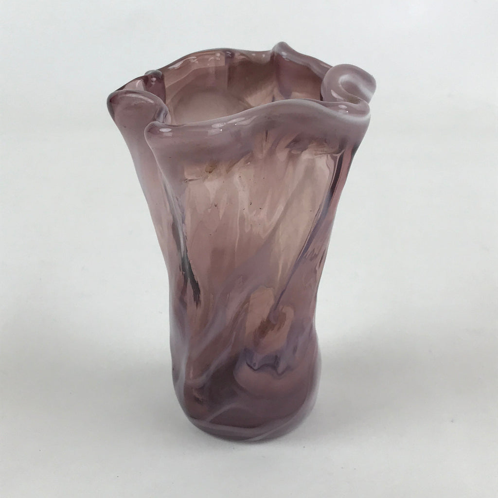 Japanese Blown Glass Flower Vase Vtg Kabin Ikebana Ruffled Edge White Purple FK5