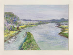 Japanese Boats On River Landscape Pastel Drawing Original Art Unsigned FL296