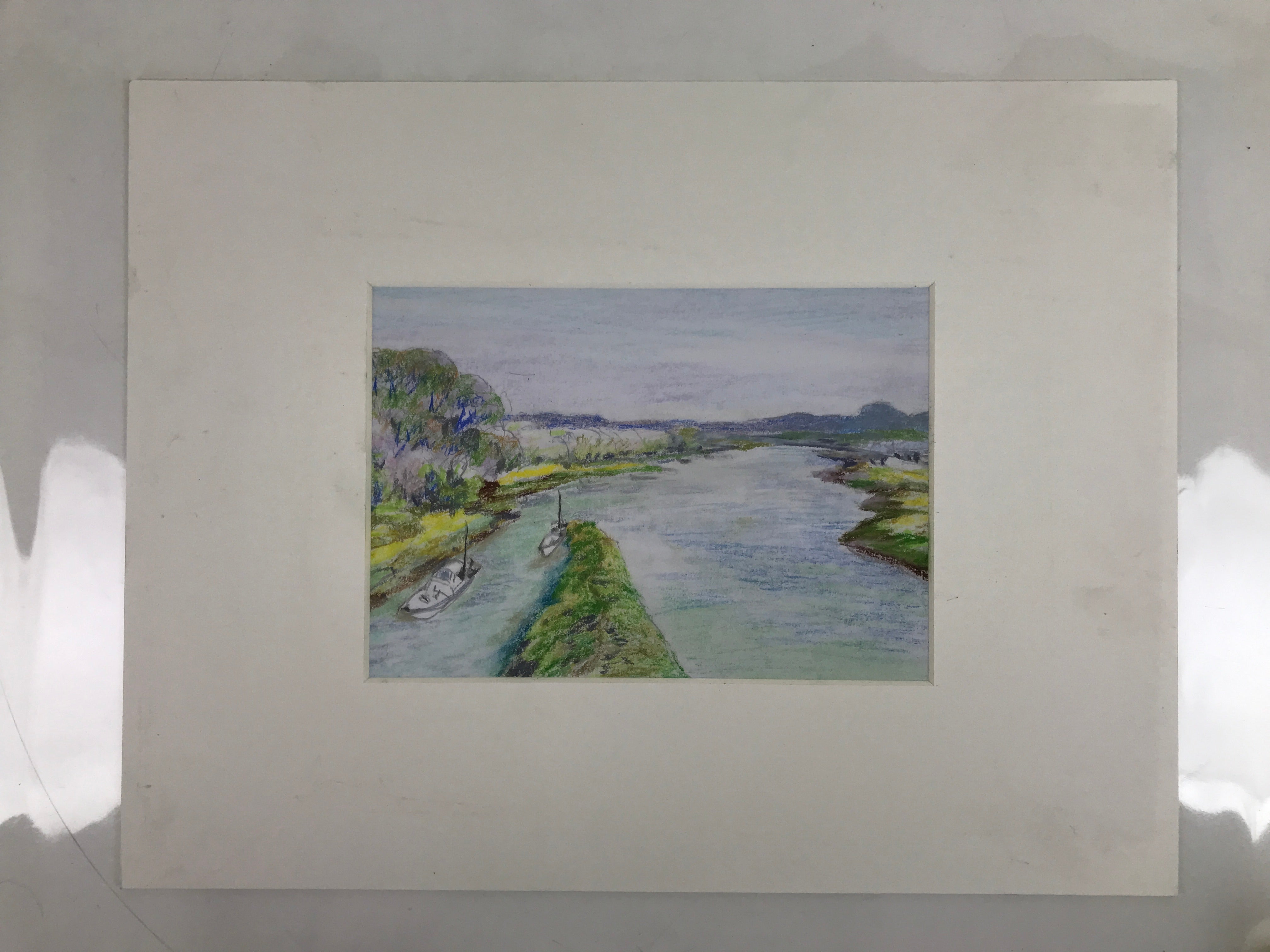 Japanese Boats On River Landscape Pastel Drawing Original Art Unsigned FL296