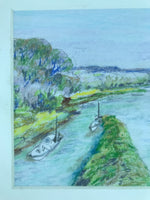 Japanese Boats On River Landscape Pastel Drawing Original Art Unsigned FL296