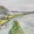 Japanese Boats On River Landscape Pastel Drawing Original Art Unsigned FL296
