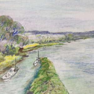 Japanese Boats On River Landscape Pastel Drawing Original Art Unsigned FL296