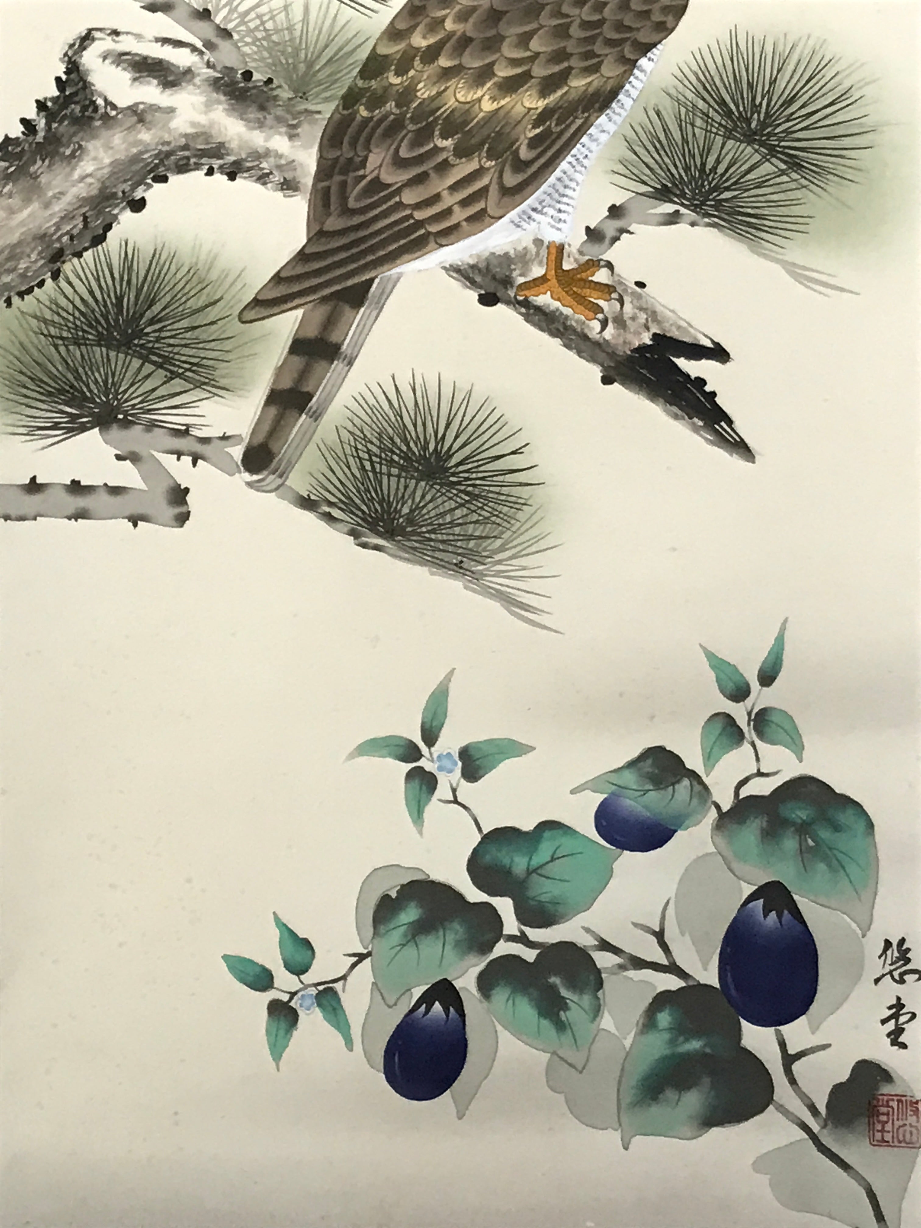 Japanese Boxed Hanging Scroll Kakejiku Vtg Hawk Pine Tree Mt Fuji Color KJ139
