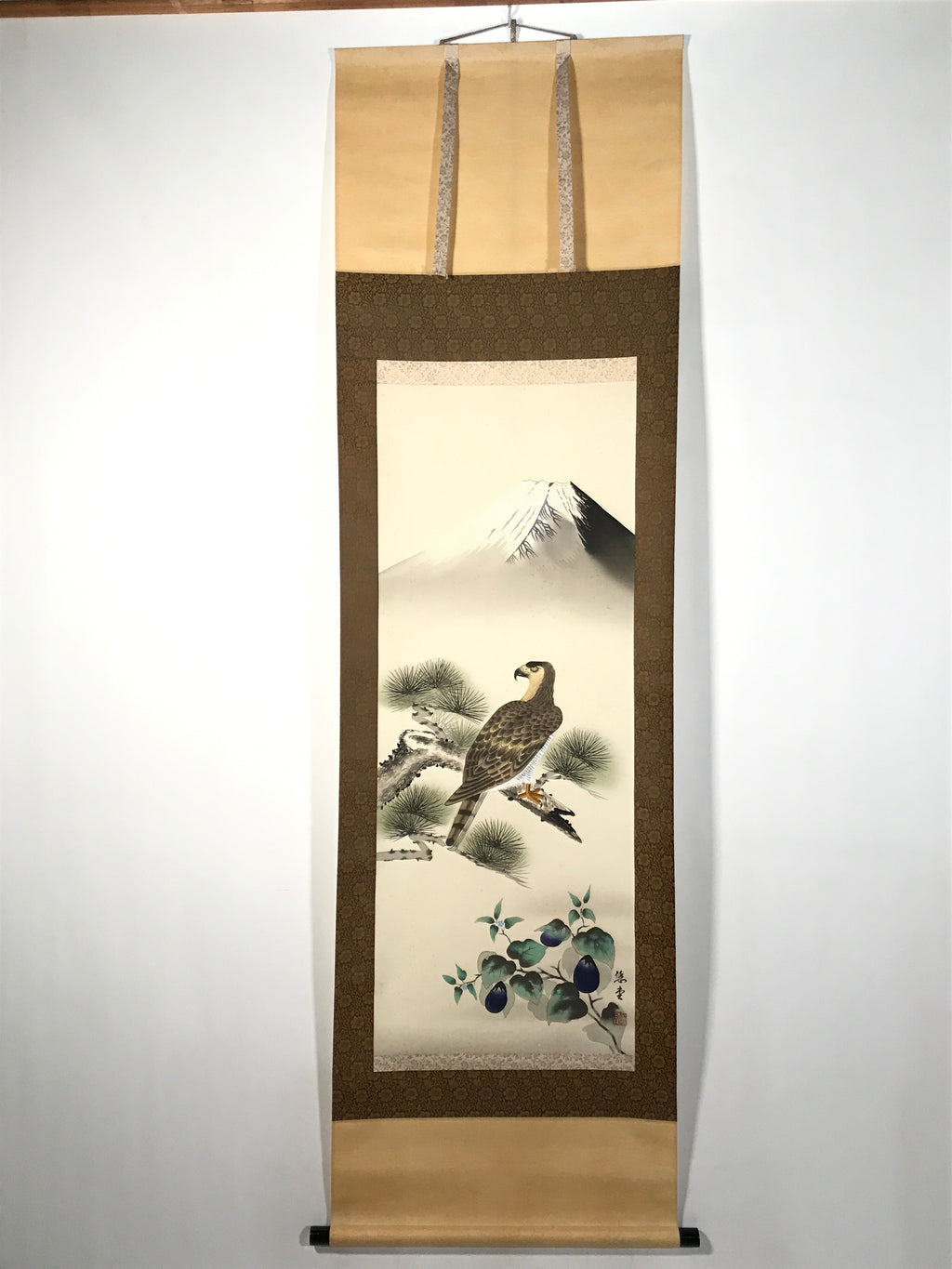 Japanese Boxed Hanging Scroll Kakejiku Vtg Hawk Pine Tree Mt Fuji Color KJ139