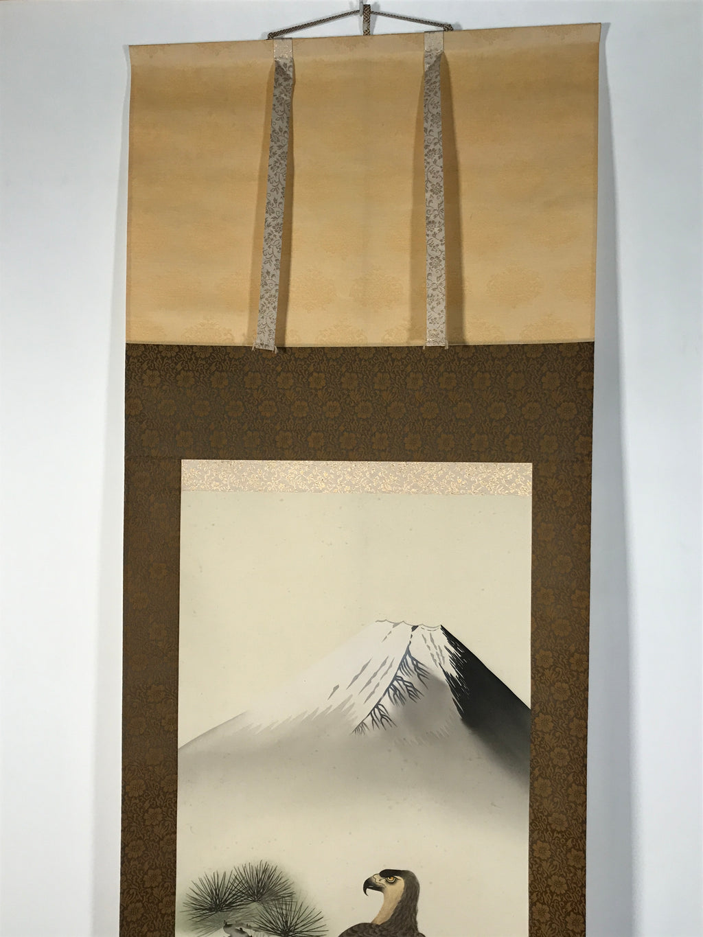Japanese Boxed Hanging Scroll Kakejiku Vtg Hawk Pine Tree Mt Fuji Color KJ139