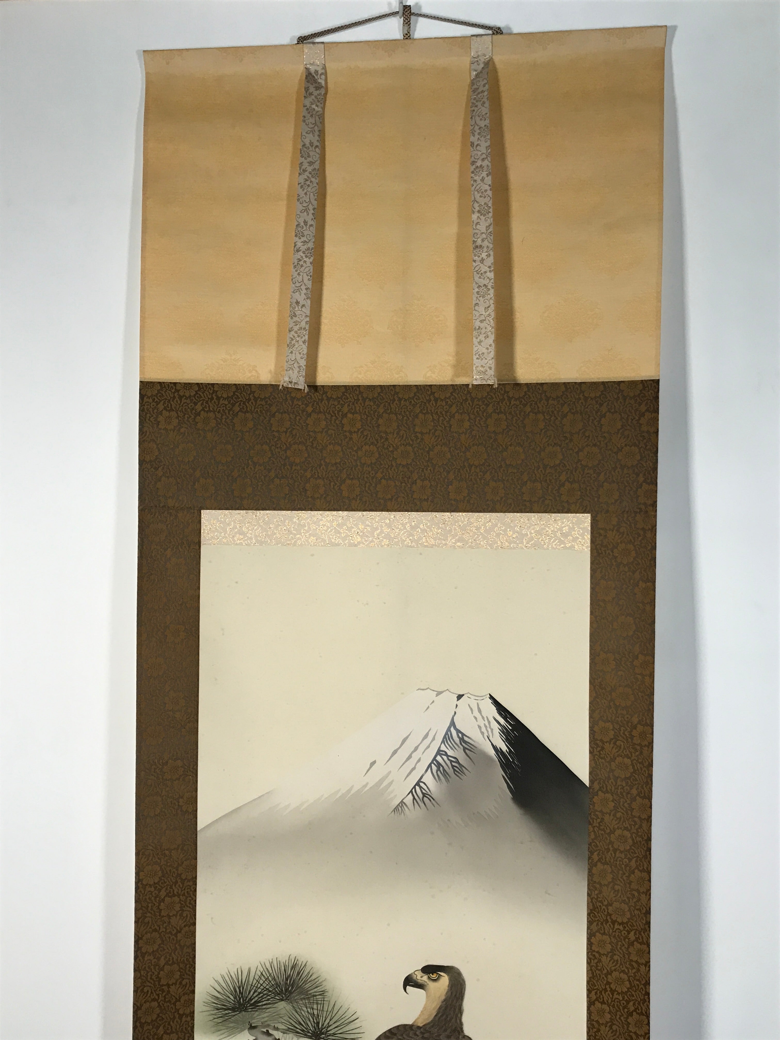 Japanese Boxed Hanging Scroll Kakejiku Vtg Hawk Pine Tree Mt Fuji Color KJ139