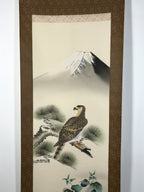 Japanese Boxed Hanging Scroll Kakejiku Vtg Hawk Pine Tree Mt Fuji Color KJ139