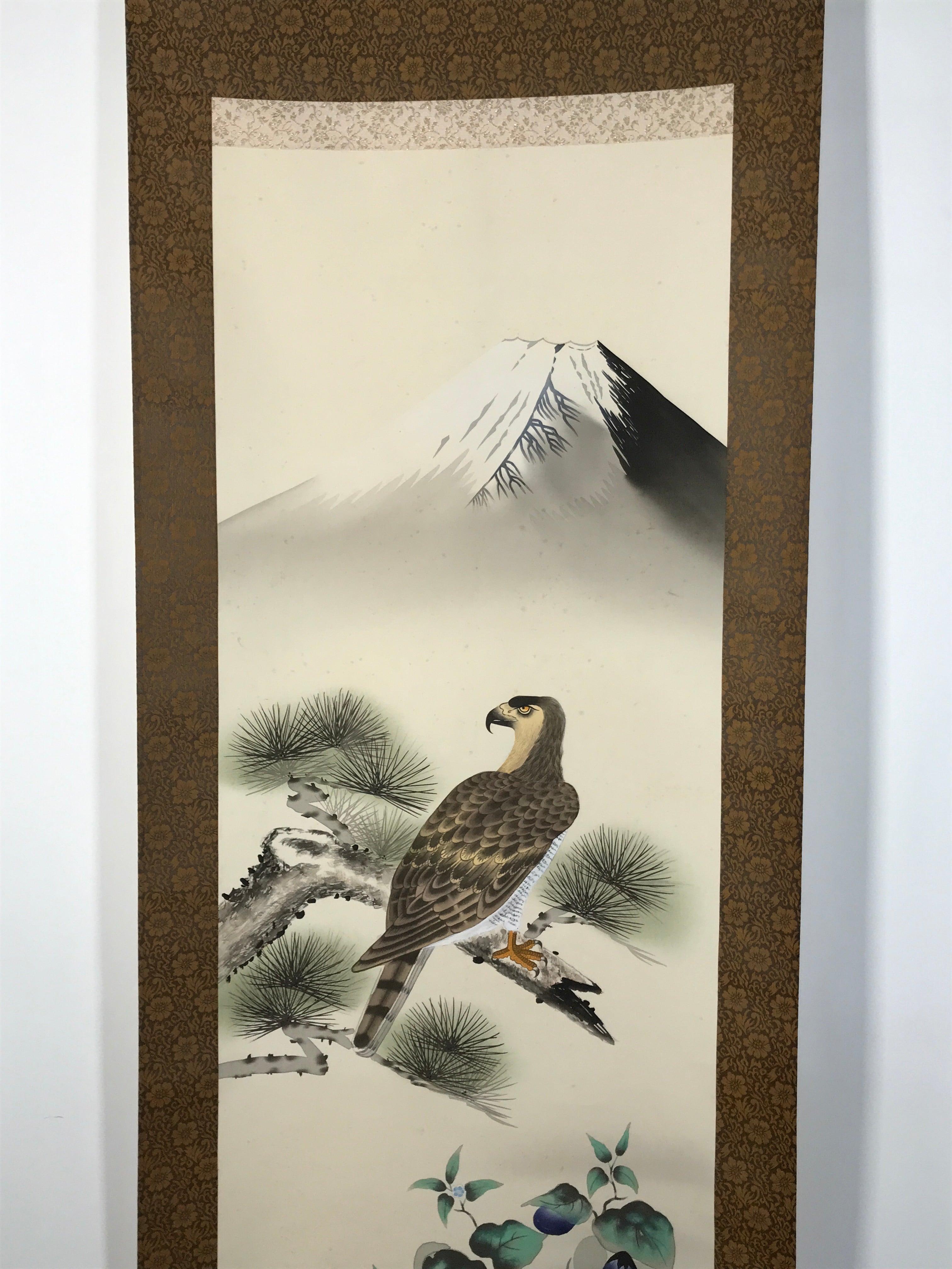 Japanese Boxed Hanging Scroll Kakejiku Vtg Hawk Pine Tree Mt Fuji Color KJ139