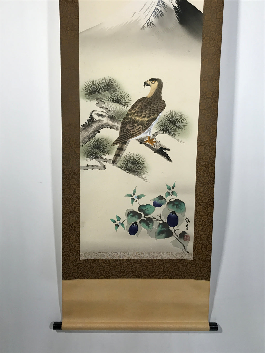 Japanese Boxed Hanging Scroll Kakejiku Vtg Hawk Pine Tree Mt Fuji Color KJ139