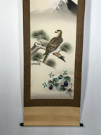 Japanese Boxed Hanging Scroll Kakejiku Vtg Hawk Pine Tree Mt Fuji Color KJ139