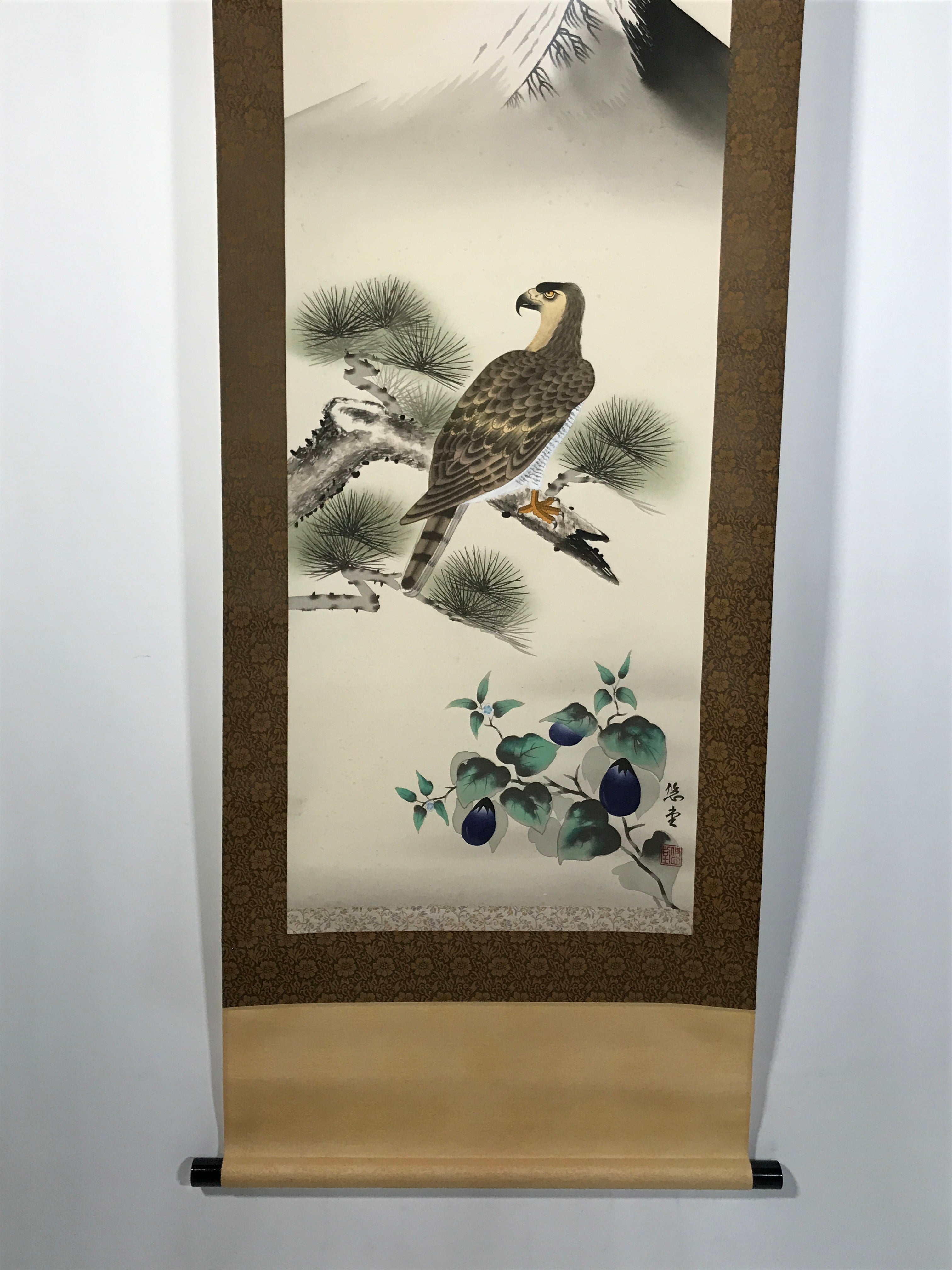 Japanese Boxed Hanging Scroll Kakejiku Vtg Hawk Pine Tree Mt Fuji Color KJ139