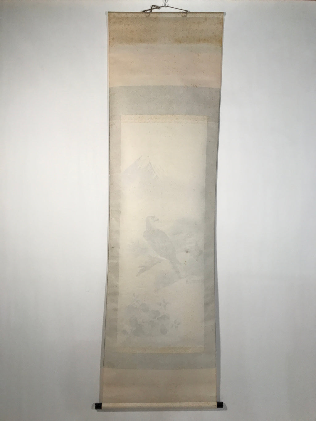 Japanese Boxed Hanging Scroll Kakejiku Vtg Hawk Pine Tree Mt Fuji Color KJ139
