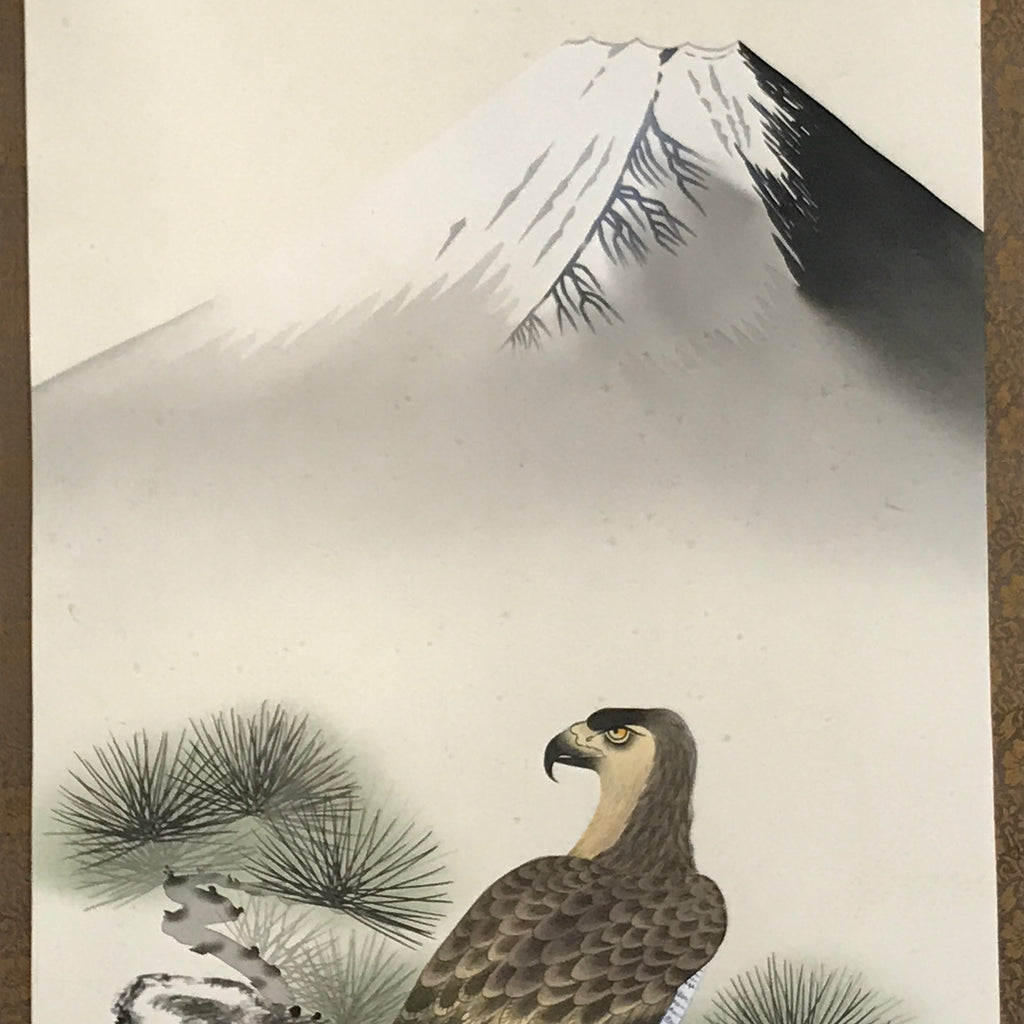 Japanese Boxed Hanging Scroll Kakejiku Vtg Hawk Pine Tree Mt Fuji Color KJ139
