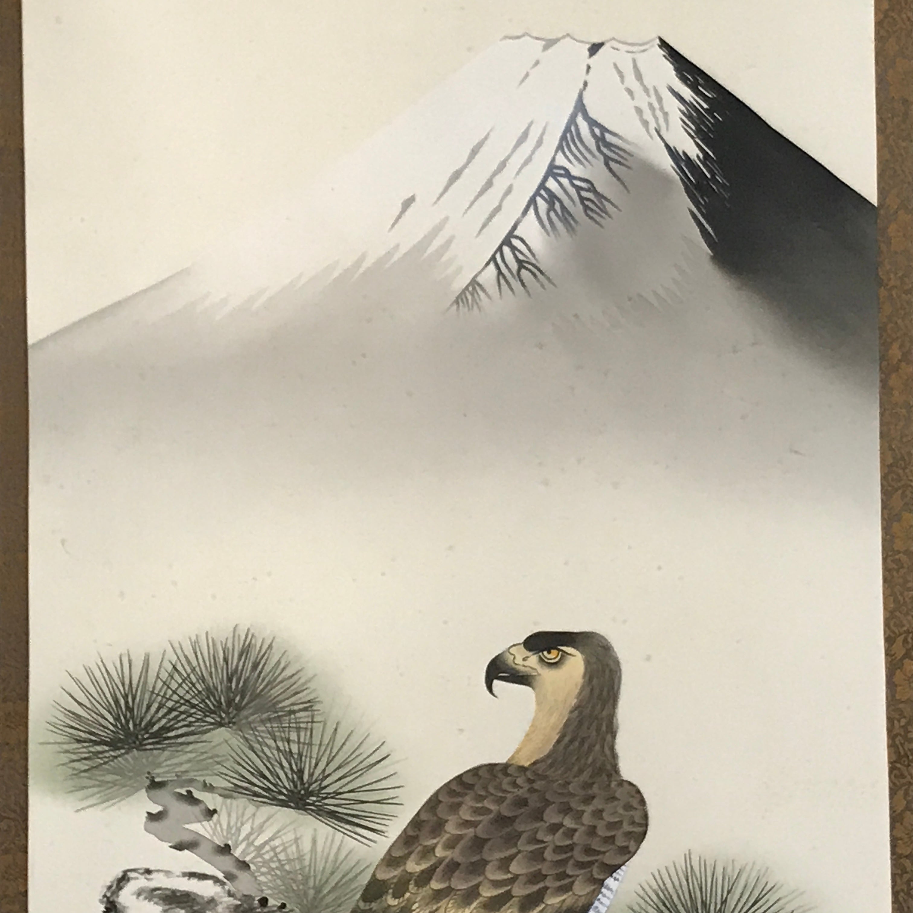 Japanese Boxed Hanging Scroll Kakejiku Vtg Hawk Pine Tree Mt Fuji Color KJ139