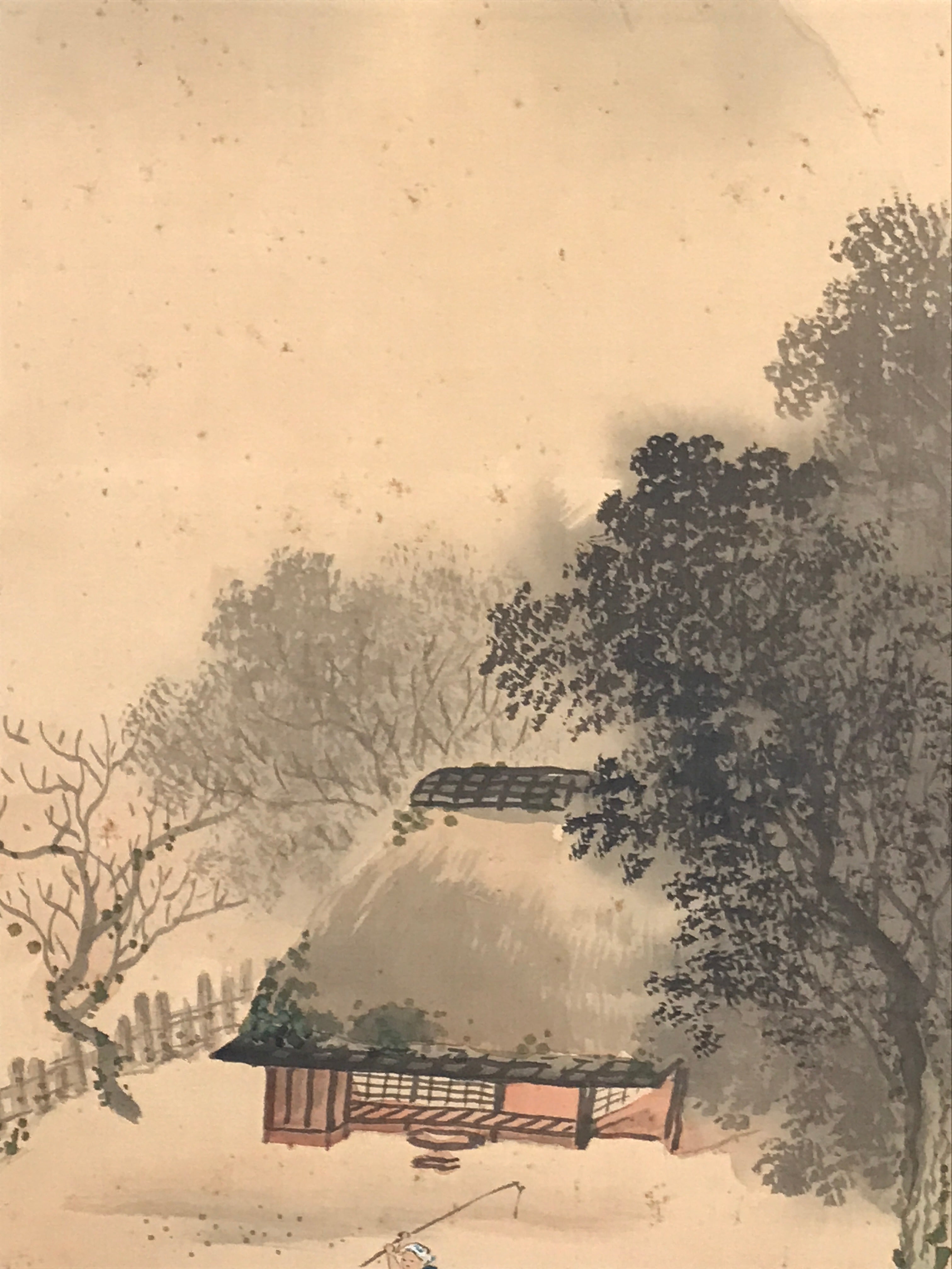 Japanese Boxed Hanging Scroll Kakejiku Vtg House Mountain Tree Color KJ135