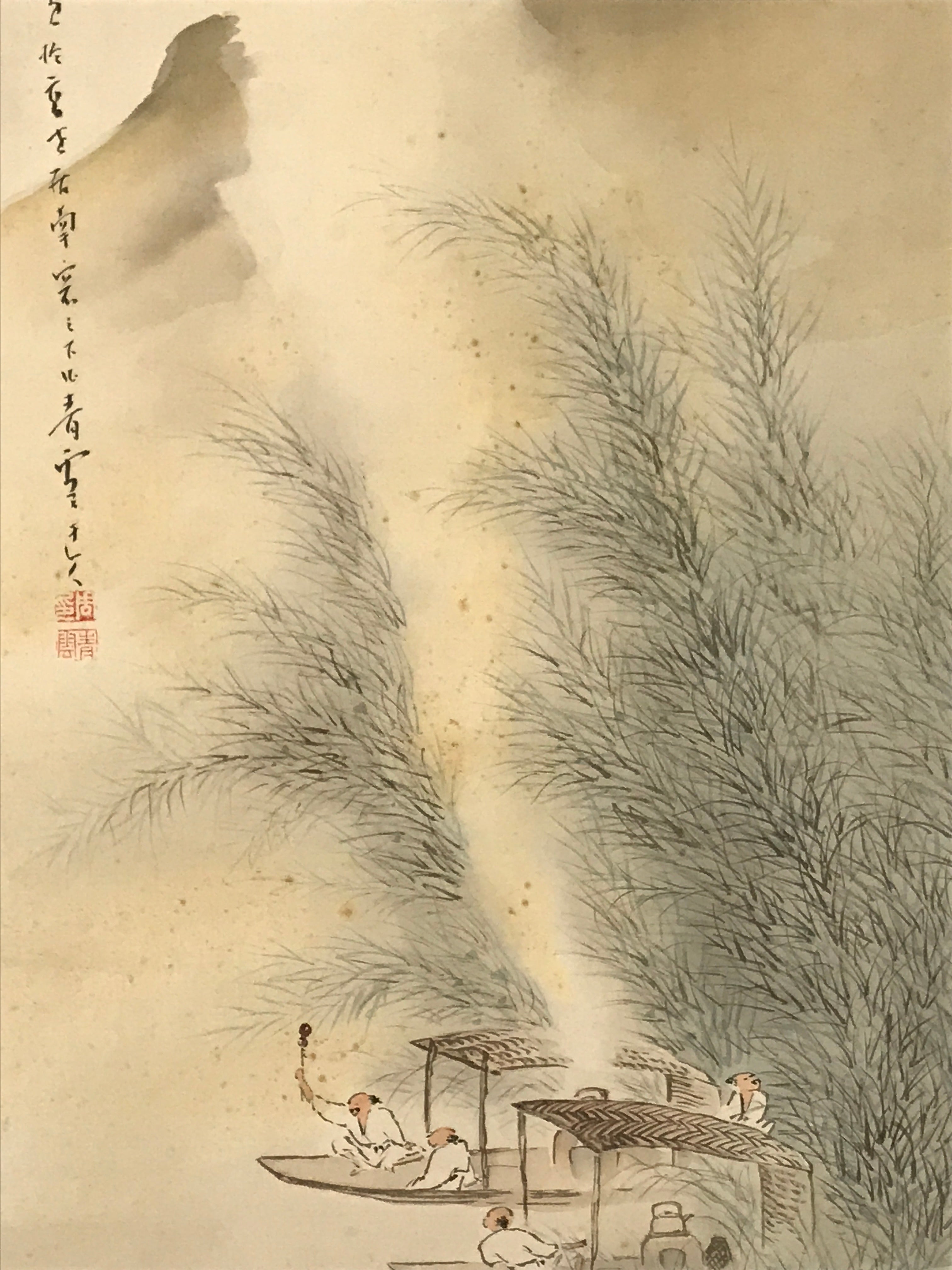 Japanese Boxed Hanging Scroll Kakejiku Vtg Men Boat River Mountains Color KJ138