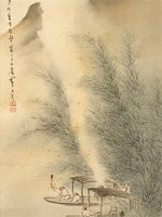 Japanese Boxed Hanging Scroll Kakejiku Vtg Men Boat River Mountains Color KJ138