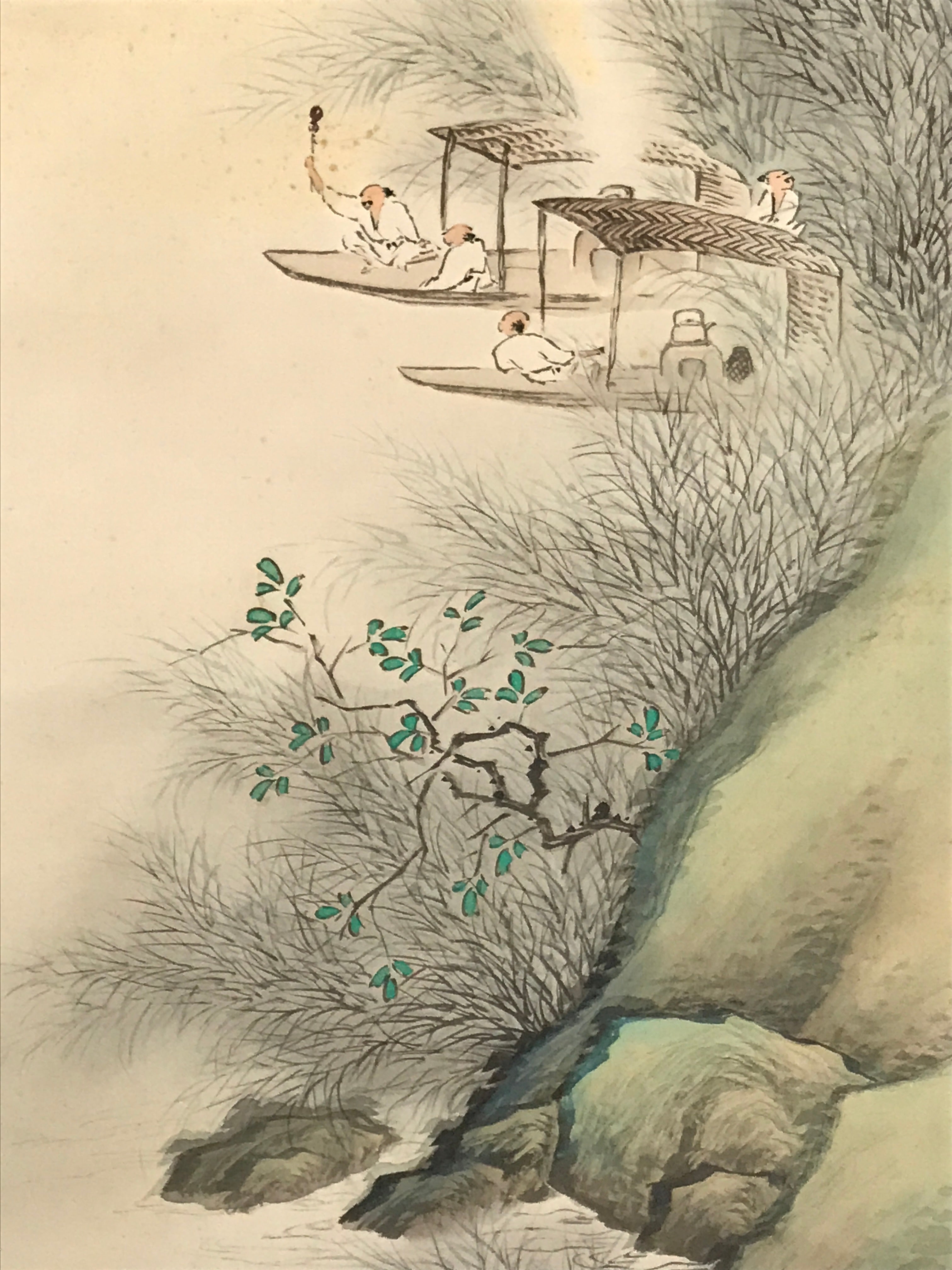 Japanese Boxed Hanging Scroll Kakejiku Vtg Men Boat River Mountains Color KJ138