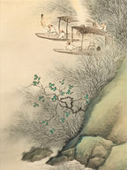 Japanese Boxed Hanging Scroll Kakejiku Vtg Men Boat River Mountains Color KJ138