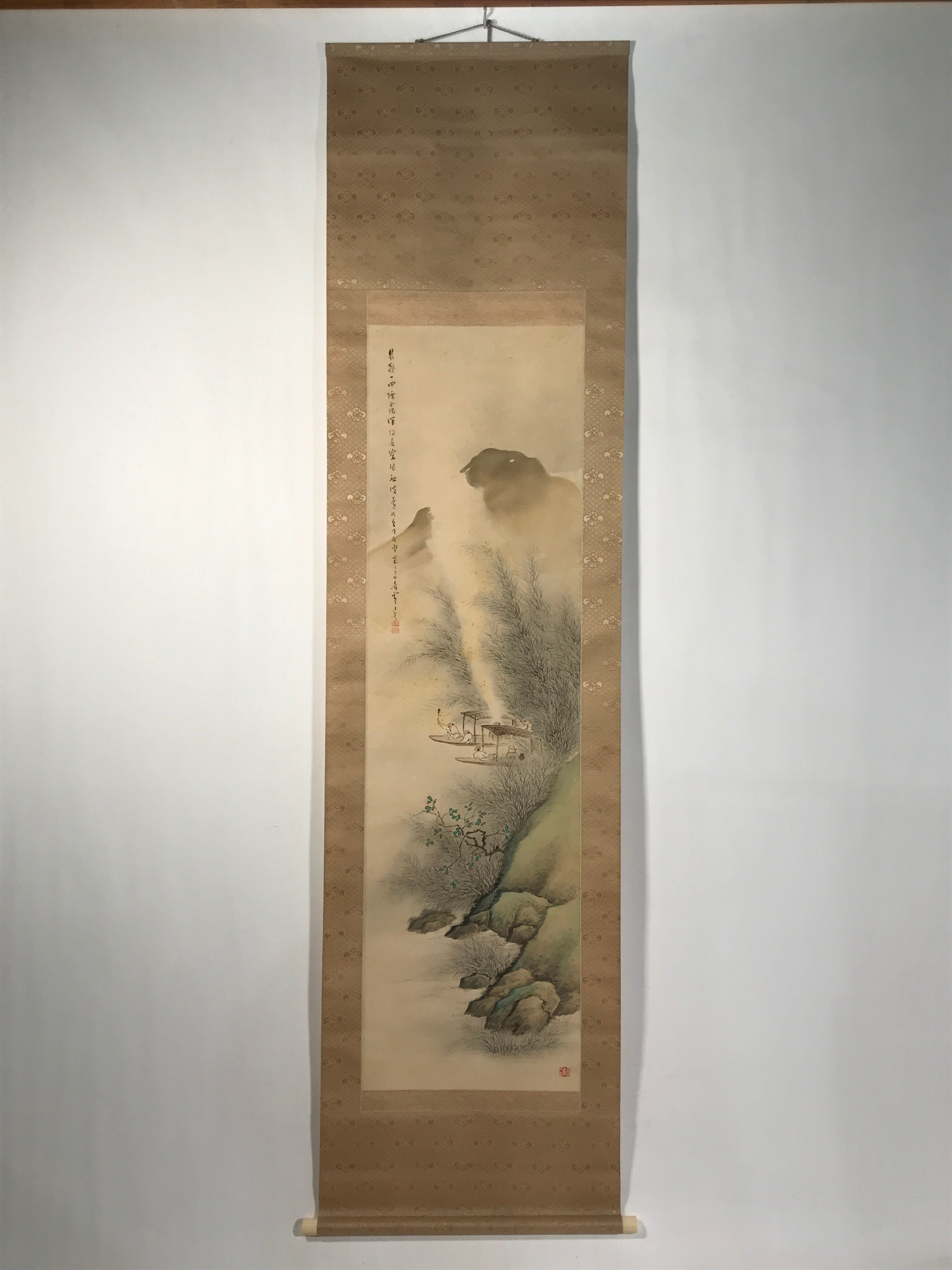 Japanese Boxed Hanging Scroll Kakejiku Vtg Men Boat River Mountains Color KJ138