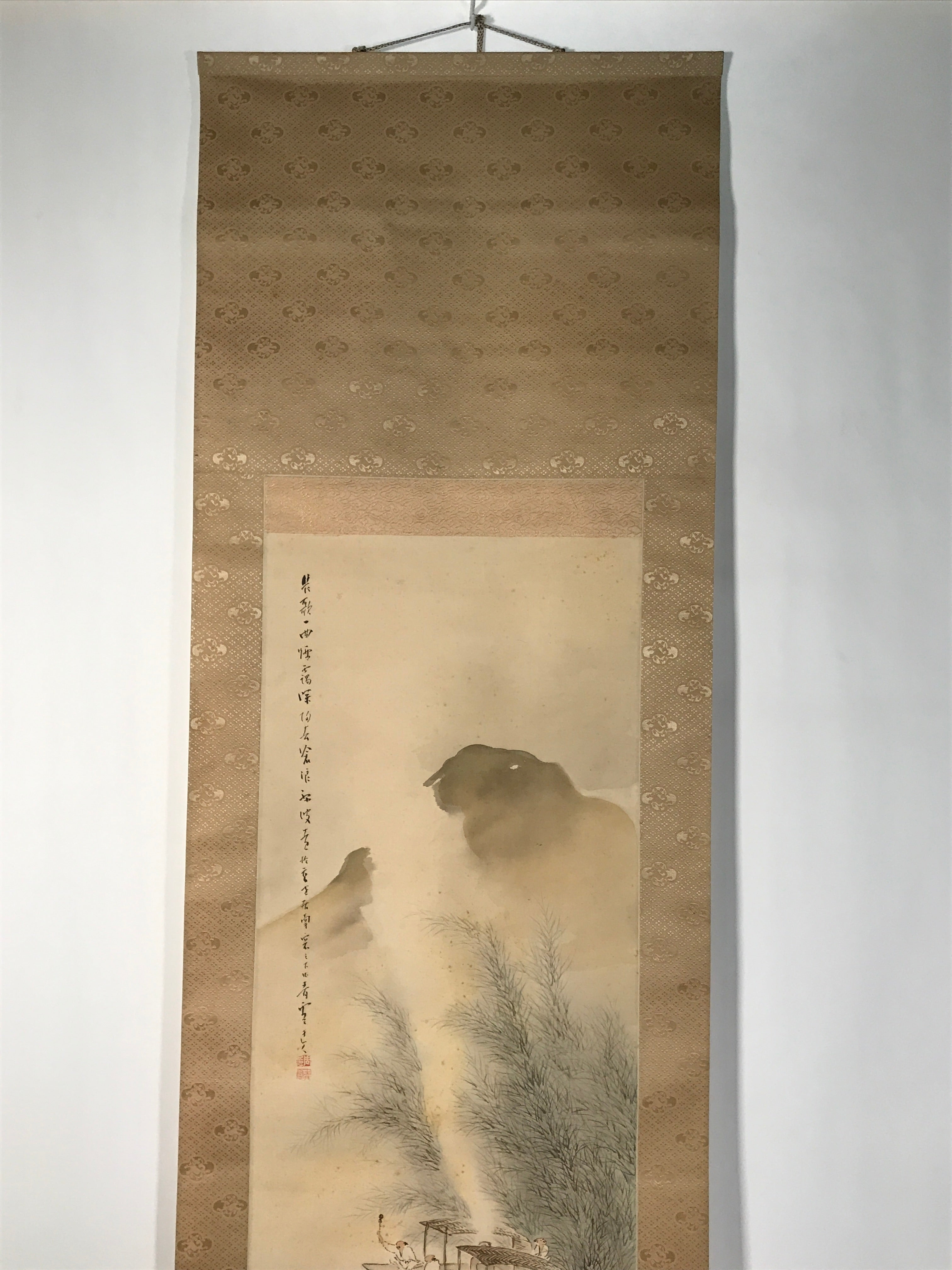 Japanese Boxed Hanging Scroll Kakejiku Vtg Men Boat River Mountains Color KJ138