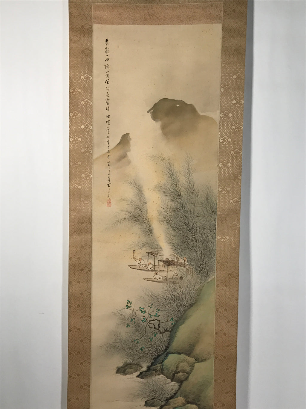Japanese Boxed Hanging Scroll Kakejiku Vtg Men Boat River Mountains Color KJ138