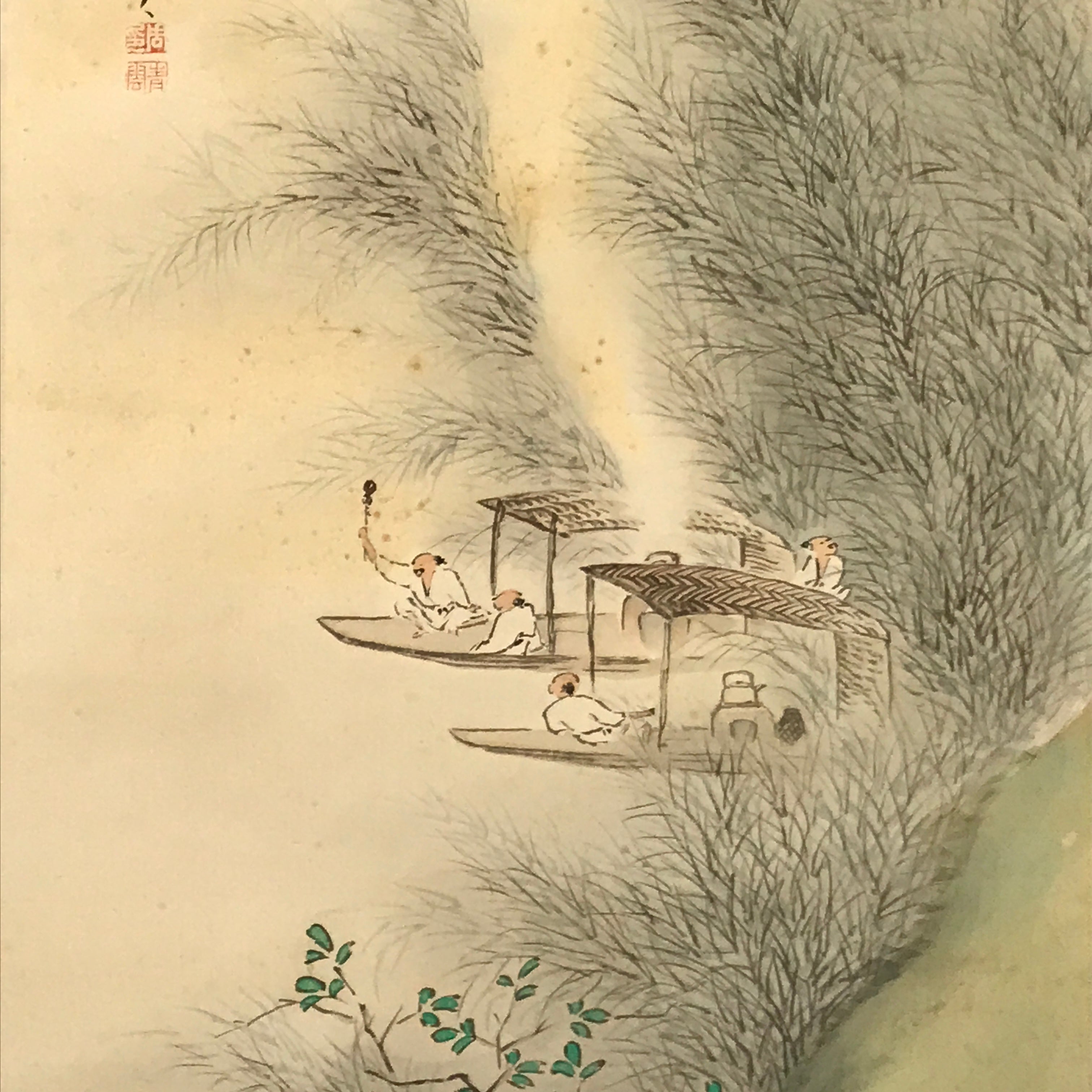 Japanese Boxed Hanging Scroll Kakejiku Vtg Men Boat River Mountains Color KJ138