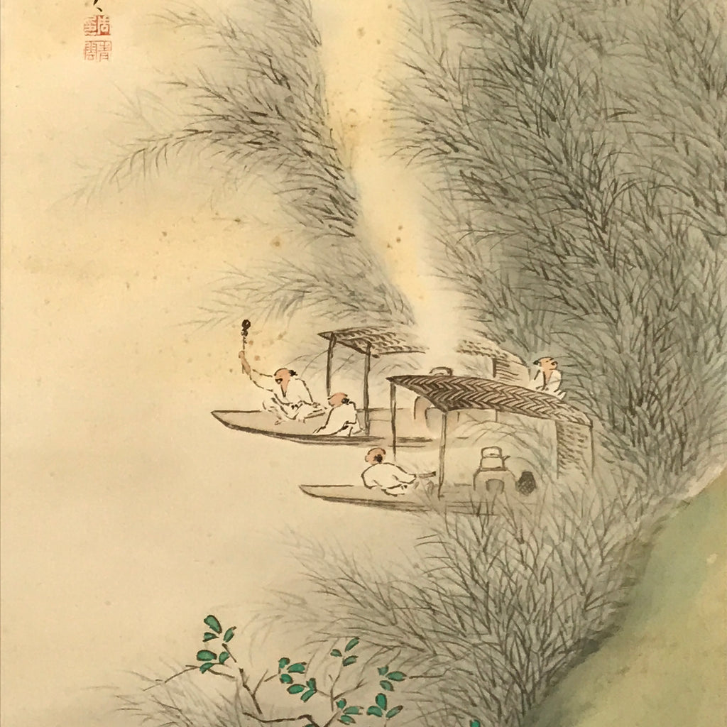 Japanese Boxed Hanging Scroll Kakejiku Vtg Men Boat River Mountains Color KJ138