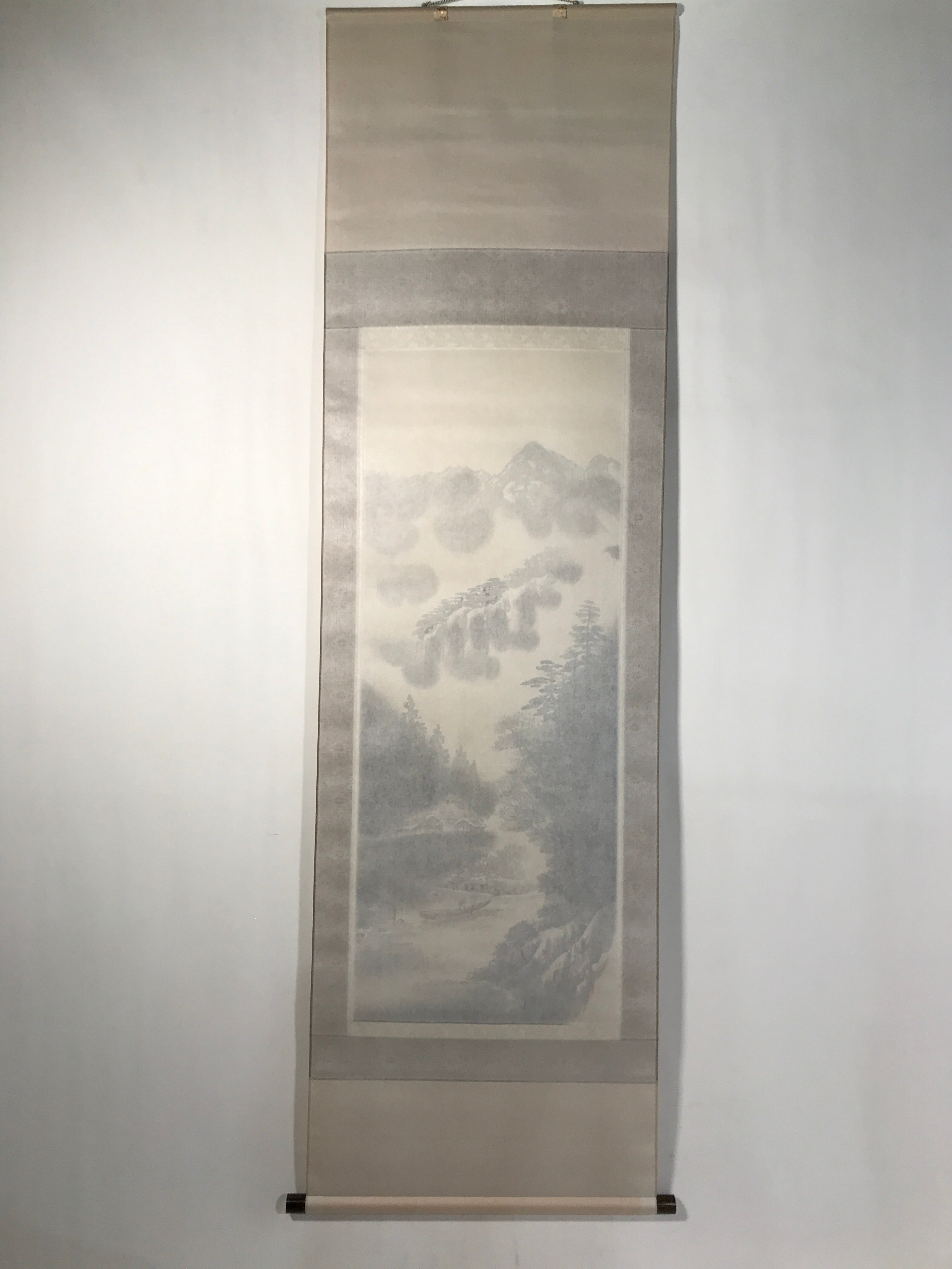 Japanese Boxed Hanging Scroll Kakejiku Vtg Mountains Boat River Monochrome KJ142