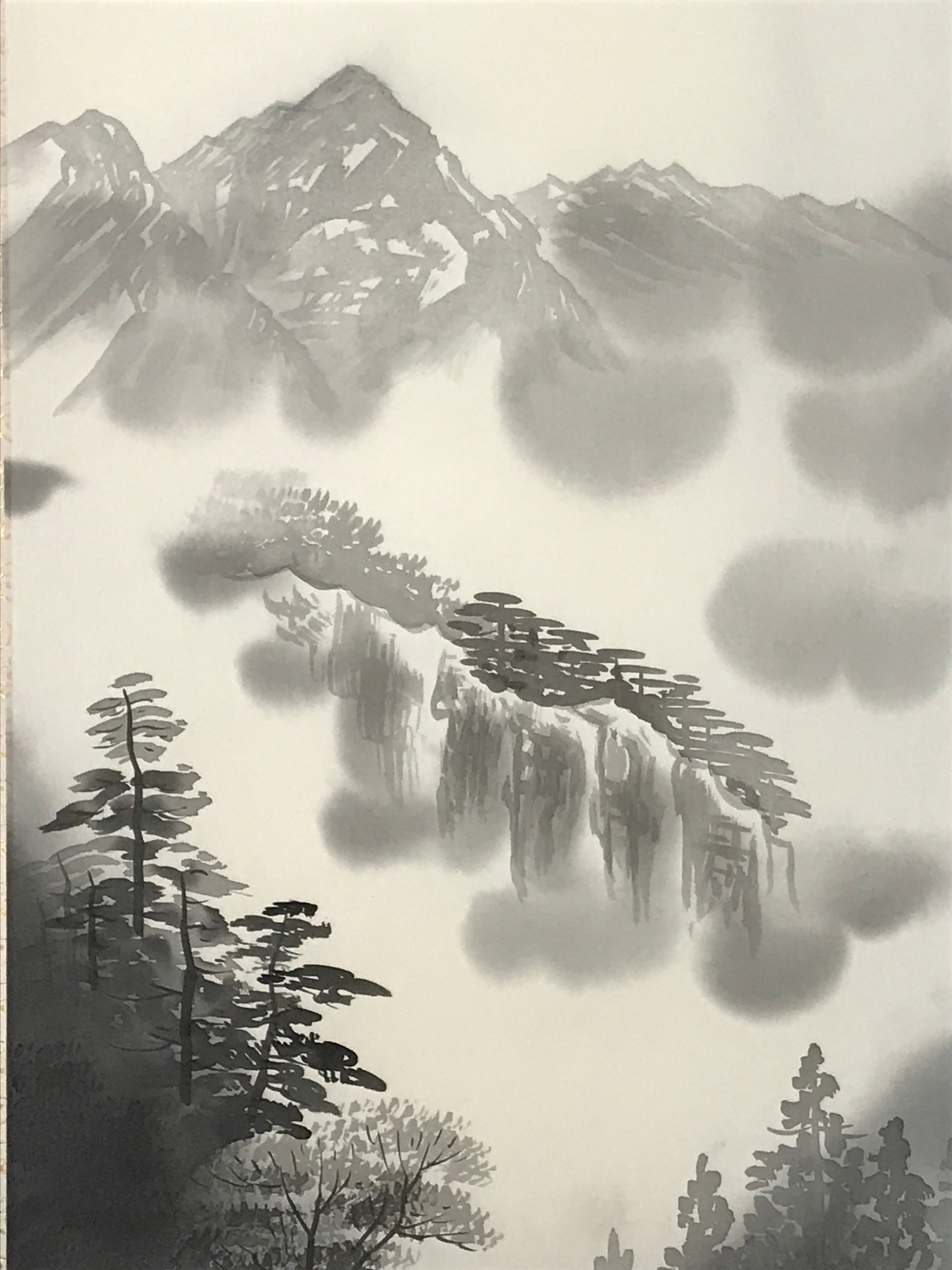 Japanese Boxed Hanging Scroll Kakejiku Vtg Mountains Boat River Monochrome KJ142