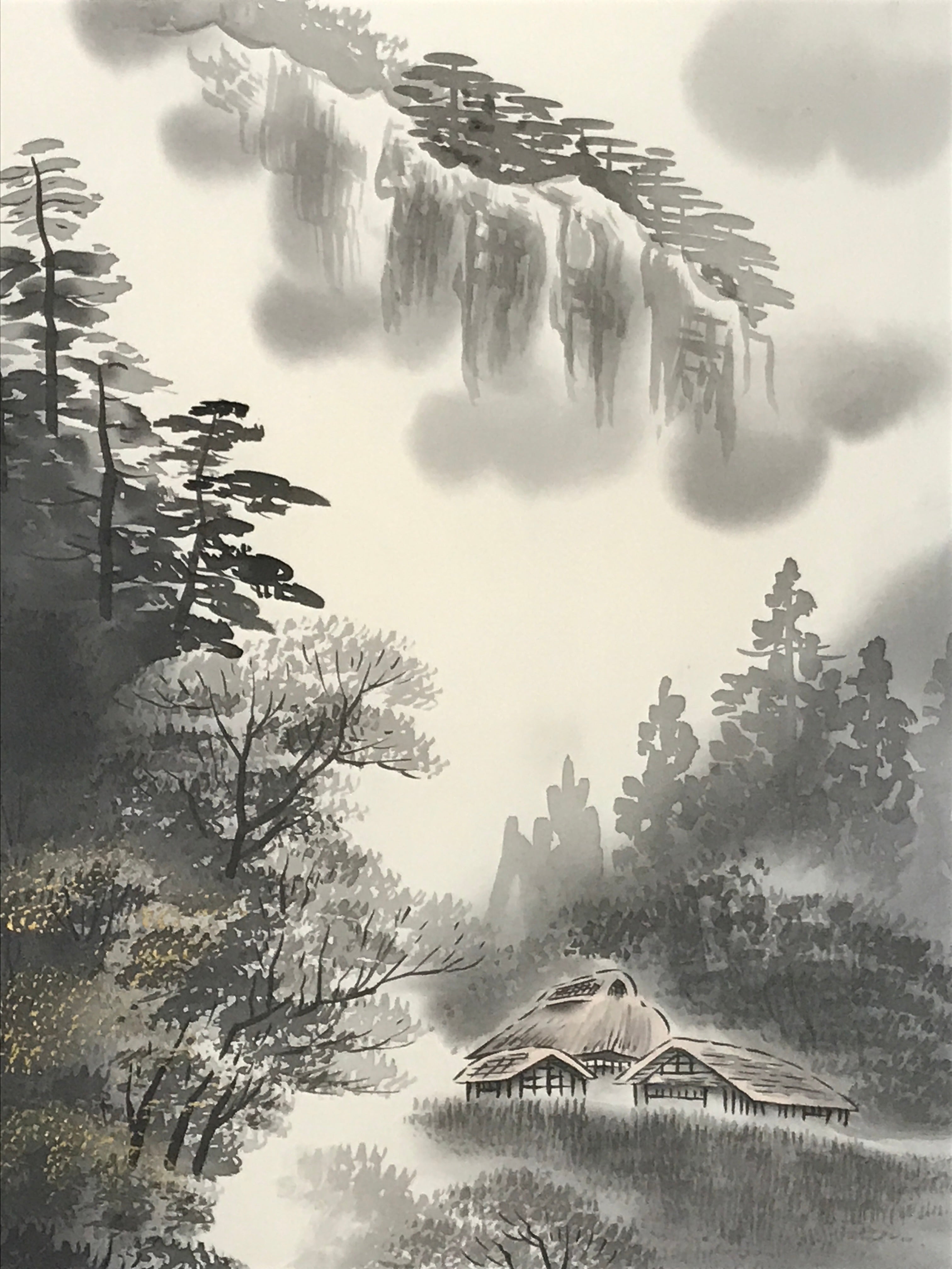 Japanese Boxed Hanging Scroll Kakejiku Vtg Mountains Boat River Monochrome KJ142