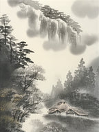Japanese Boxed Hanging Scroll Kakejiku Vtg Mountains Boat River Monochrome KJ142