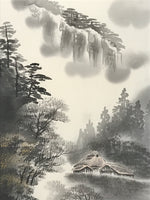 Japanese Boxed Hanging Scroll Kakejiku Vtg Mountains Boat River Monochrome KJ142