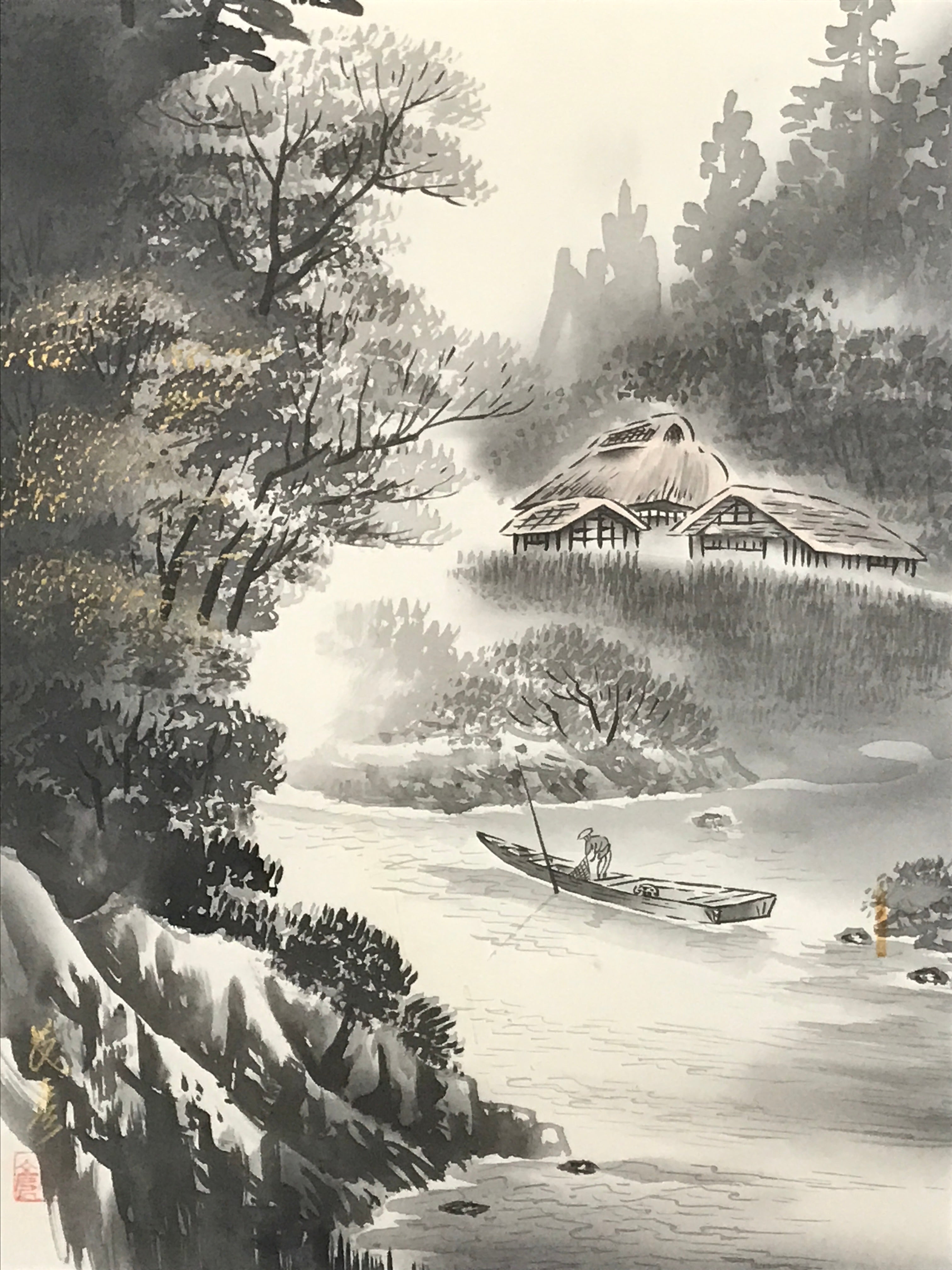 Japanese Boxed Hanging Scroll Kakejiku Vtg Mountains Boat River Monochrome KJ142