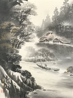 Japanese Boxed Hanging Scroll Kakejiku Vtg Mountains Boat River Monochrome KJ142