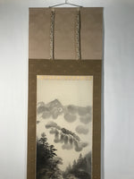 Japanese Boxed Hanging Scroll Kakejiku Vtg Mountains Boat River Monochrome KJ142