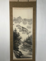 Japanese Boxed Hanging Scroll Kakejiku Vtg Mountains Boat River Monochrome KJ142