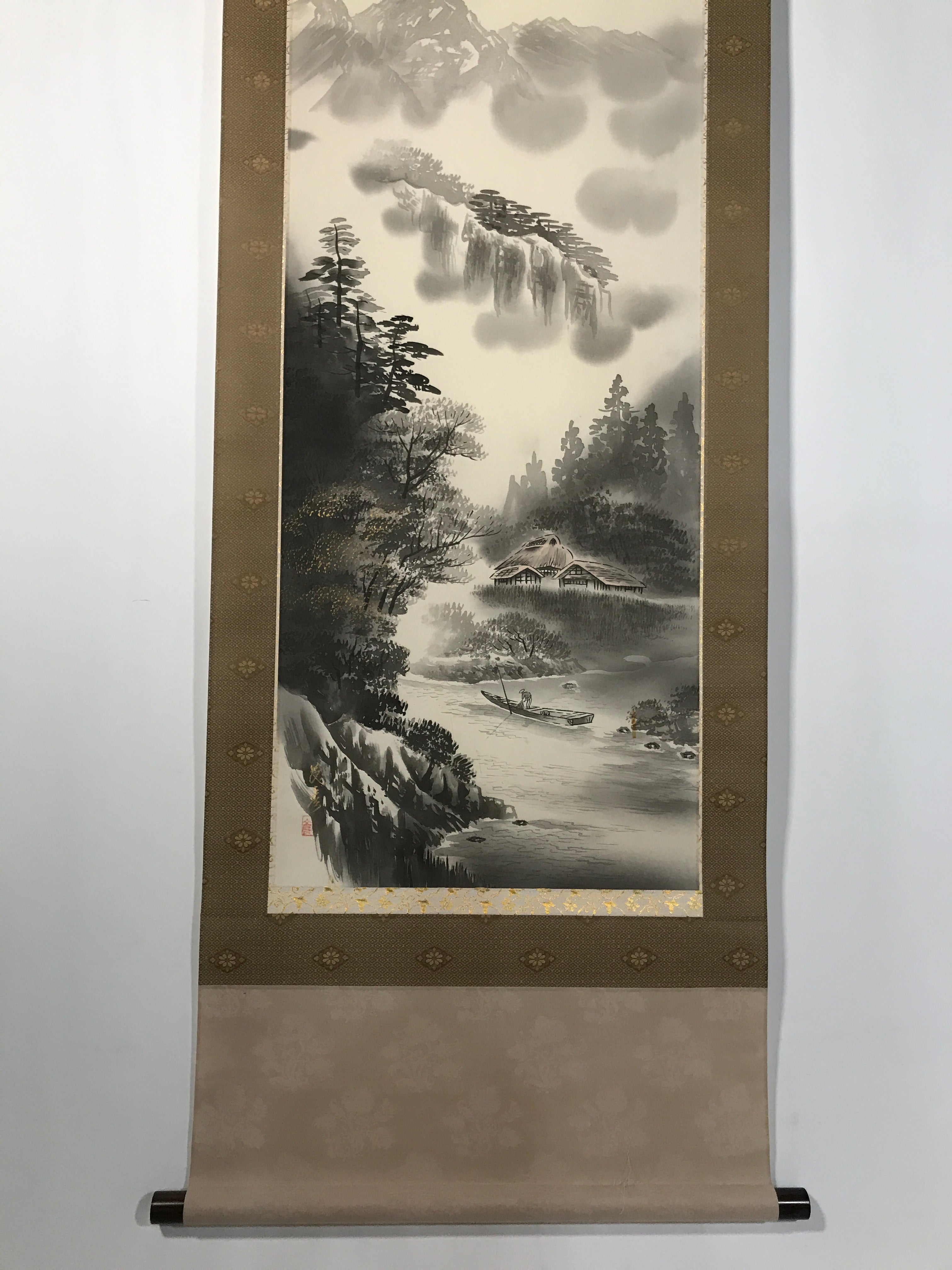 Japanese Boxed Hanging Scroll Kakejiku Vtg Mountains Boat River Monochrome KJ142
