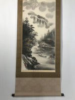 Japanese Boxed Hanging Scroll Kakejiku Vtg Mountains Boat River Monochrome KJ142