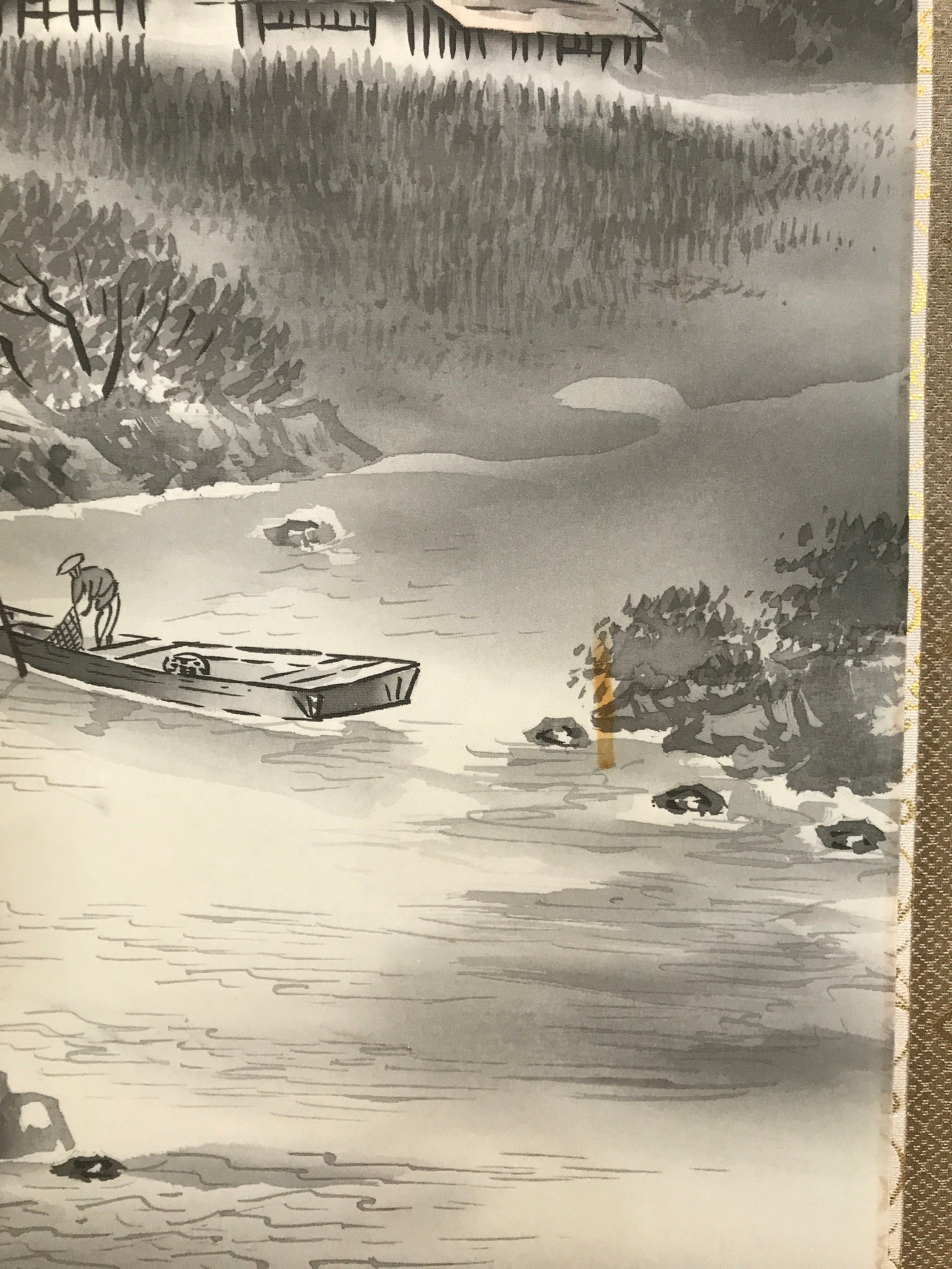 Japanese Boxed Hanging Scroll Kakejiku Vtg Mountains Boat River Monochrome KJ142