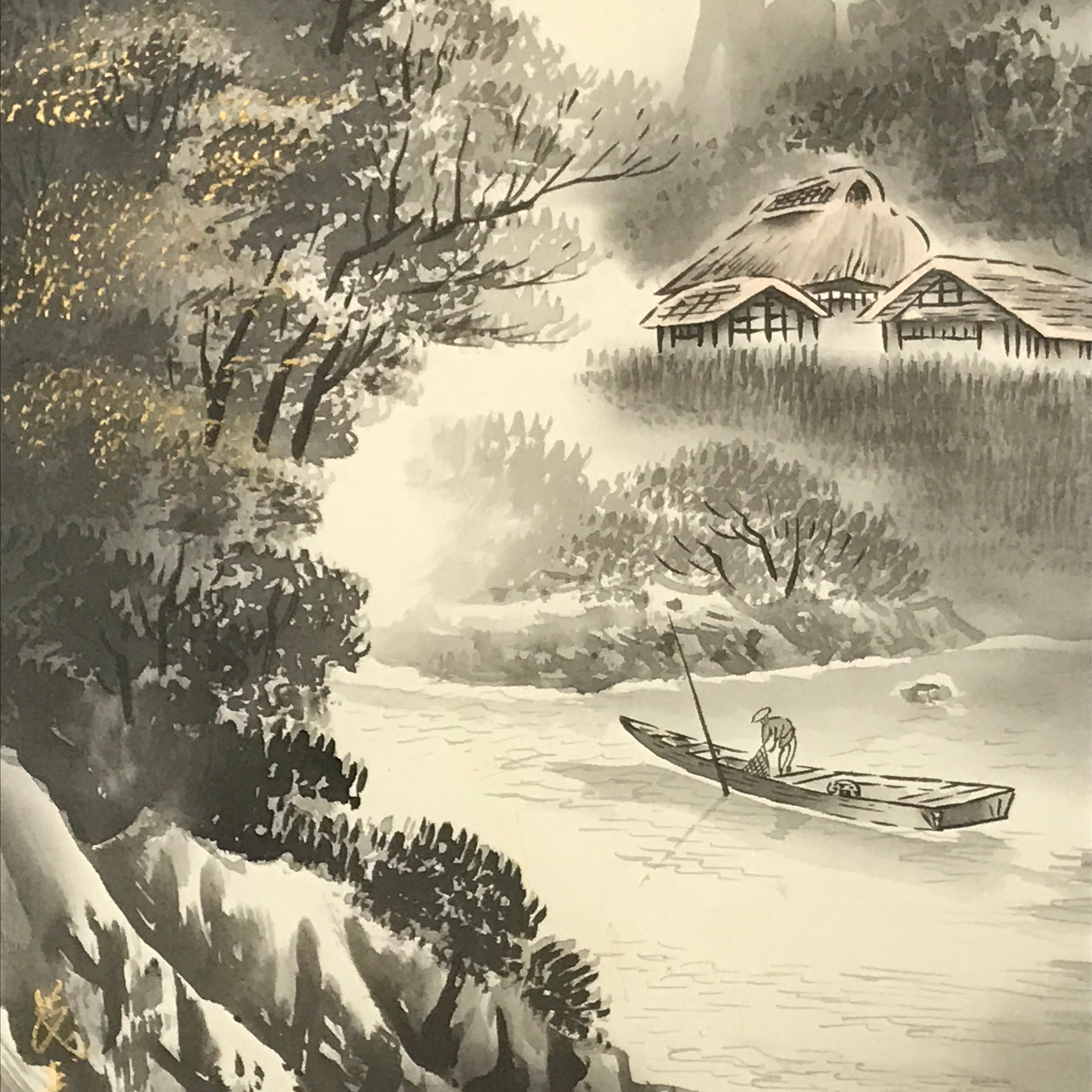 Japanese Boxed Hanging Scroll Kakejiku Vtg Mountains Boat River Monochrome KJ142