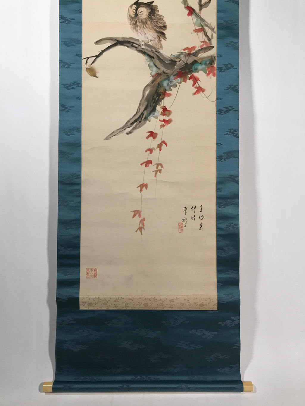 Japanese Boxed Hanging Scroll Kakejiku Vtg Owl Bird Tree Red Leaf Vine KJ136
