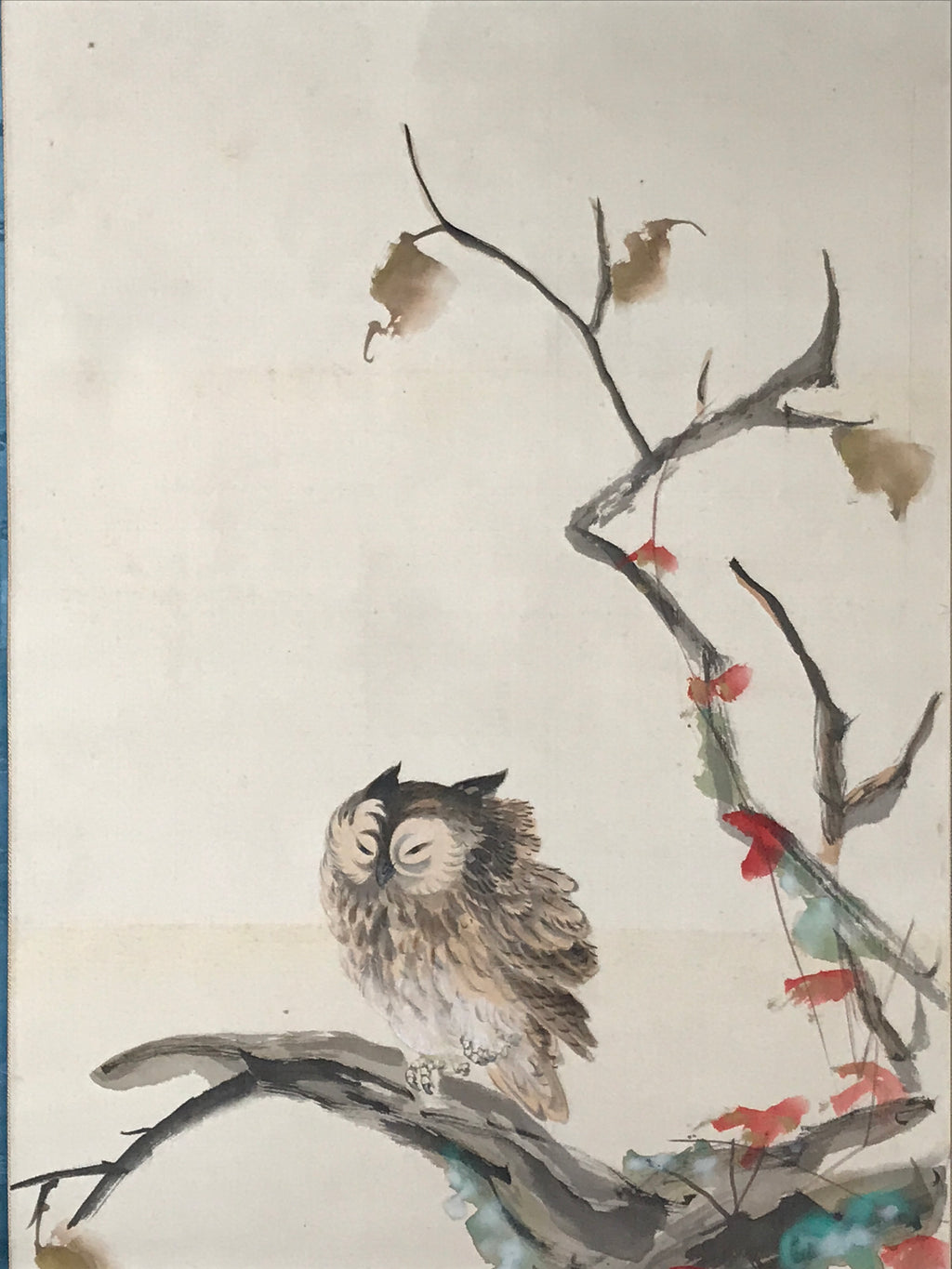 Japanese Boxed Hanging Scroll Kakejiku Vtg Owl Bird Tree Red Leaf Vine KJ136