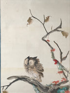 Japanese Boxed Hanging Scroll Kakejiku Vtg Owl Bird Tree Red Leaf Vine KJ136