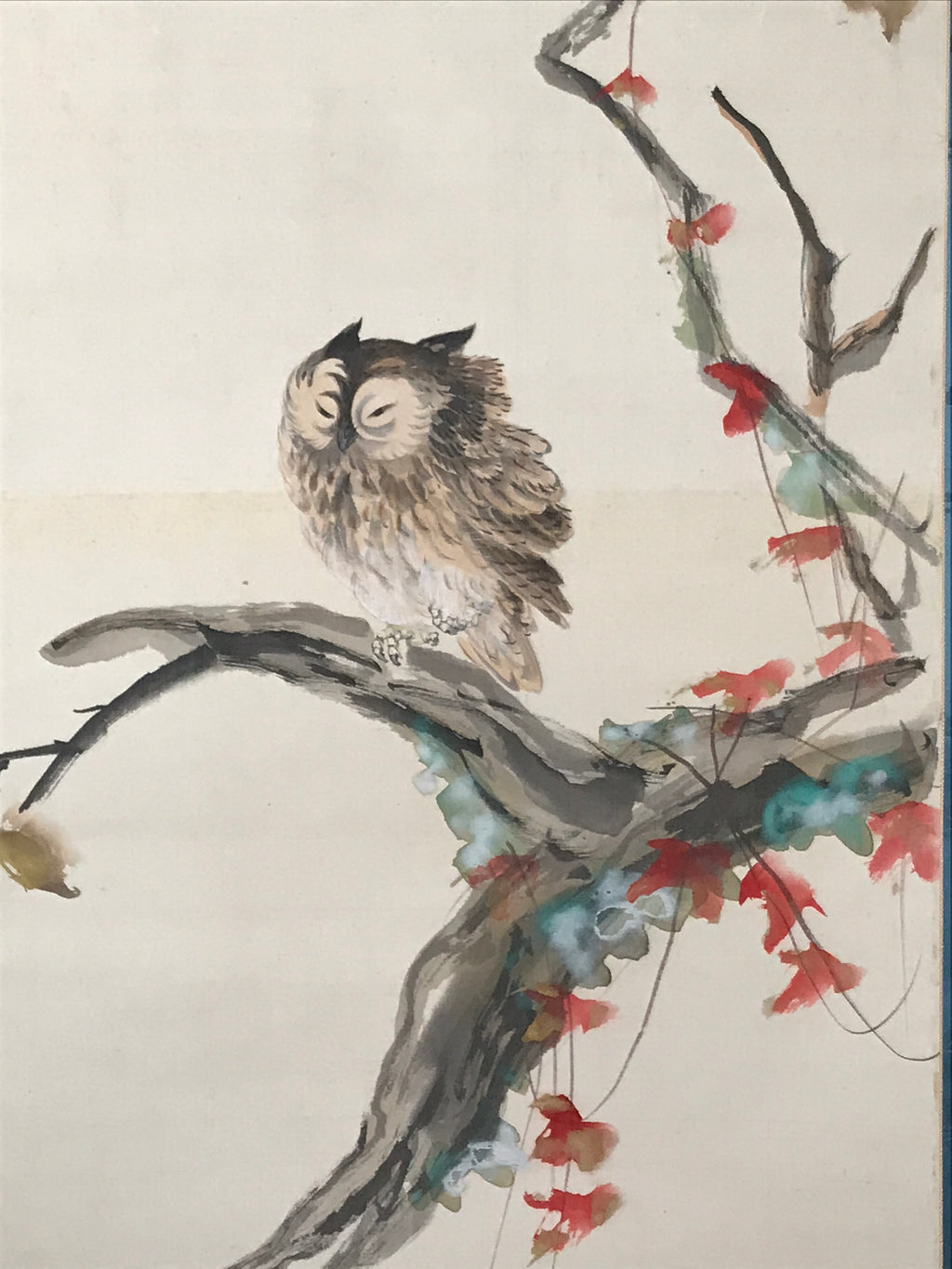 Japanese Boxed Hanging Scroll Kakejiku Vtg Owl Bird Tree Red Leaf Vine KJ136